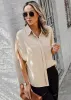 Short Sleeve Button Up Loose Fit Blouse Beige sold by Moda