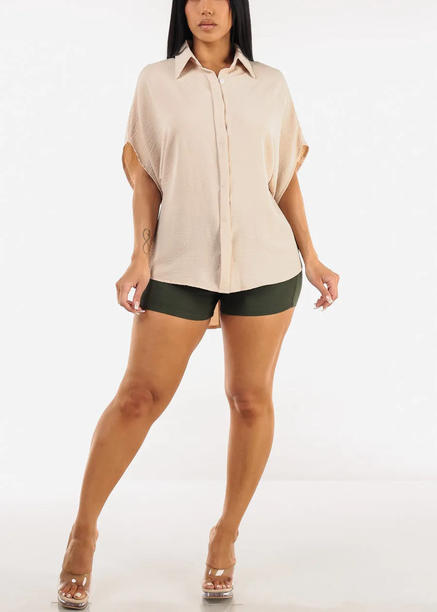 Short Sleeve Button Up Loose Fit Blouse Beige sold by Moda product image thumbnail 2