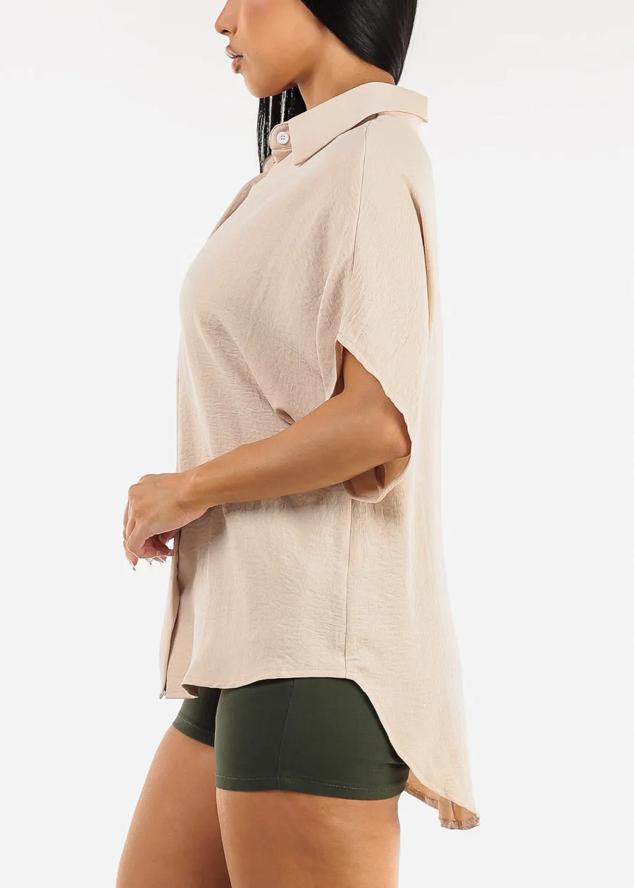 Short Sleeve Button Up Loose Fit Blouse Beige sold by Moda product image thumbnail 3