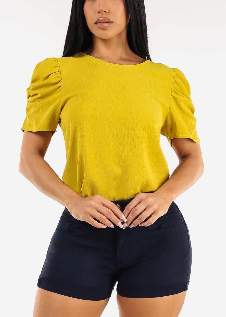Short Puff Sleeve Round Neck Blouse Pistachio sold by Moda