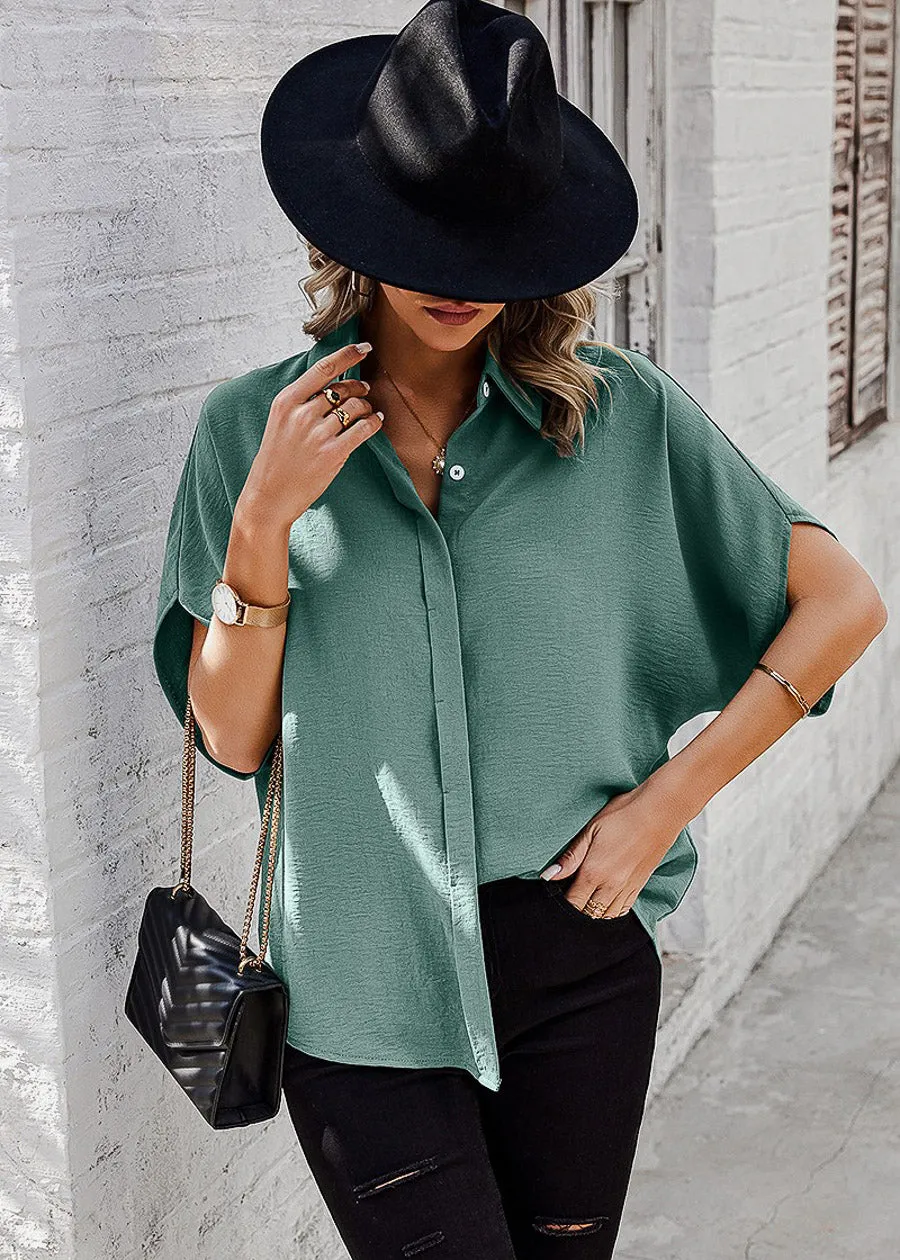 Short Sleeve Button Up Loose Fit Blouse Sage sold by Moda product image thumbnail 5