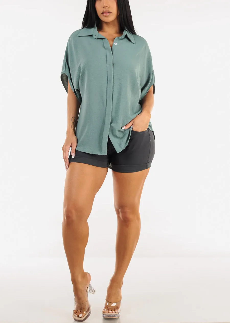 Short Sleeve Button Up Loose Fit Blouse Sage sold by Moda product image thumbnail 2