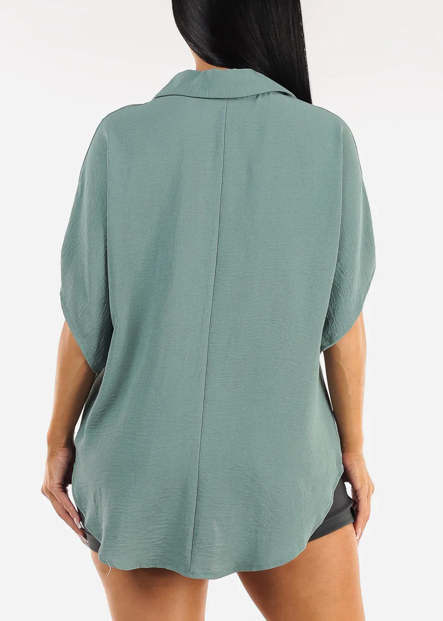 Short Sleeve Button Up Loose Fit Blouse Sage sold by Moda product image thumbnail 4