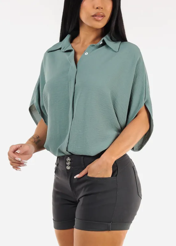 Short Sleeve Button Up Loose Fit Blouse Sage sold by Moda
