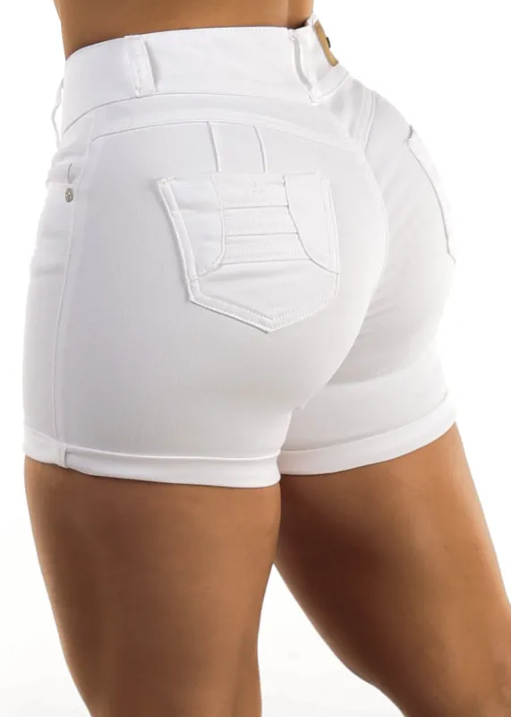 Butt Lift Mid Rise Cuffed Denim Short White sold by Moda