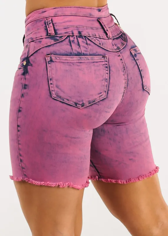 Butt Lift Mid Thigh Frayed Denim Shorts Acid Wash sold by Moda