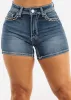 Embroidered High Rise Stretch Denim Shorts Light Stone Wash sold by Moda