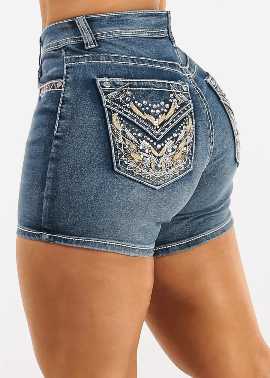 Embroidered High Rise Stretch Denim Shorts Light Stone Wash sold by Moda