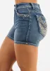 Embroidered High Rise Stretch Denim Shorts Light Stone Wash sold by Moda
