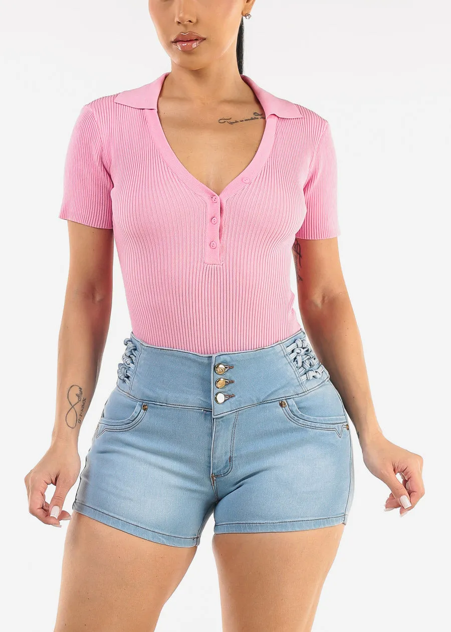 Short Sleeve Rib Knit Polo Bodysuit Pink sold by Moda product image thumbnail 5