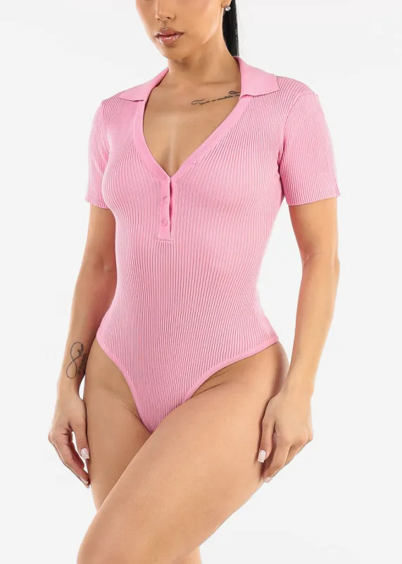 Short Sleeve Rib Knit Polo Bodysuit Pink sold by Moda
