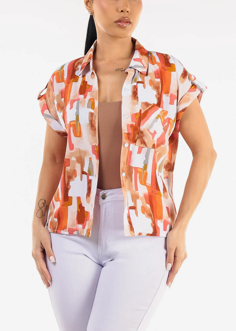 Short Sleeve Button Up Printed Collared Blouse Taupe sold by Moda product image thumbnail 5