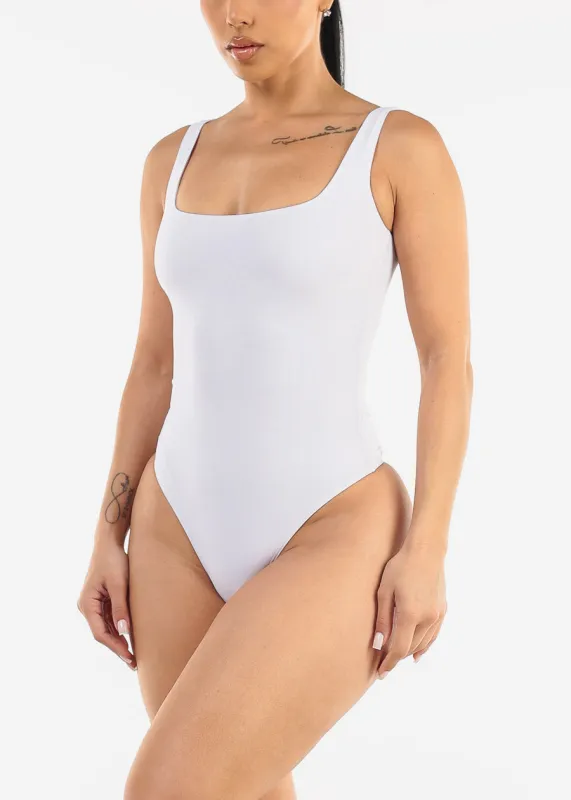 Sleeveless Square Neck White Thong Bodysuit sold by Moda