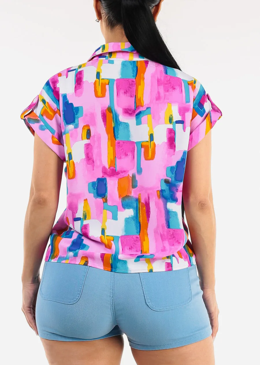Short Sleeve Button Up Printed Collared Blouse Multicolor sold by Moda product image thumbnail 4