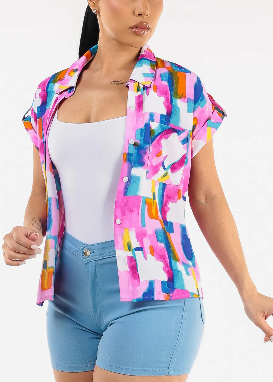 Short Sleeve Button Up Printed Collared Blouse Multicolor sold by Moda