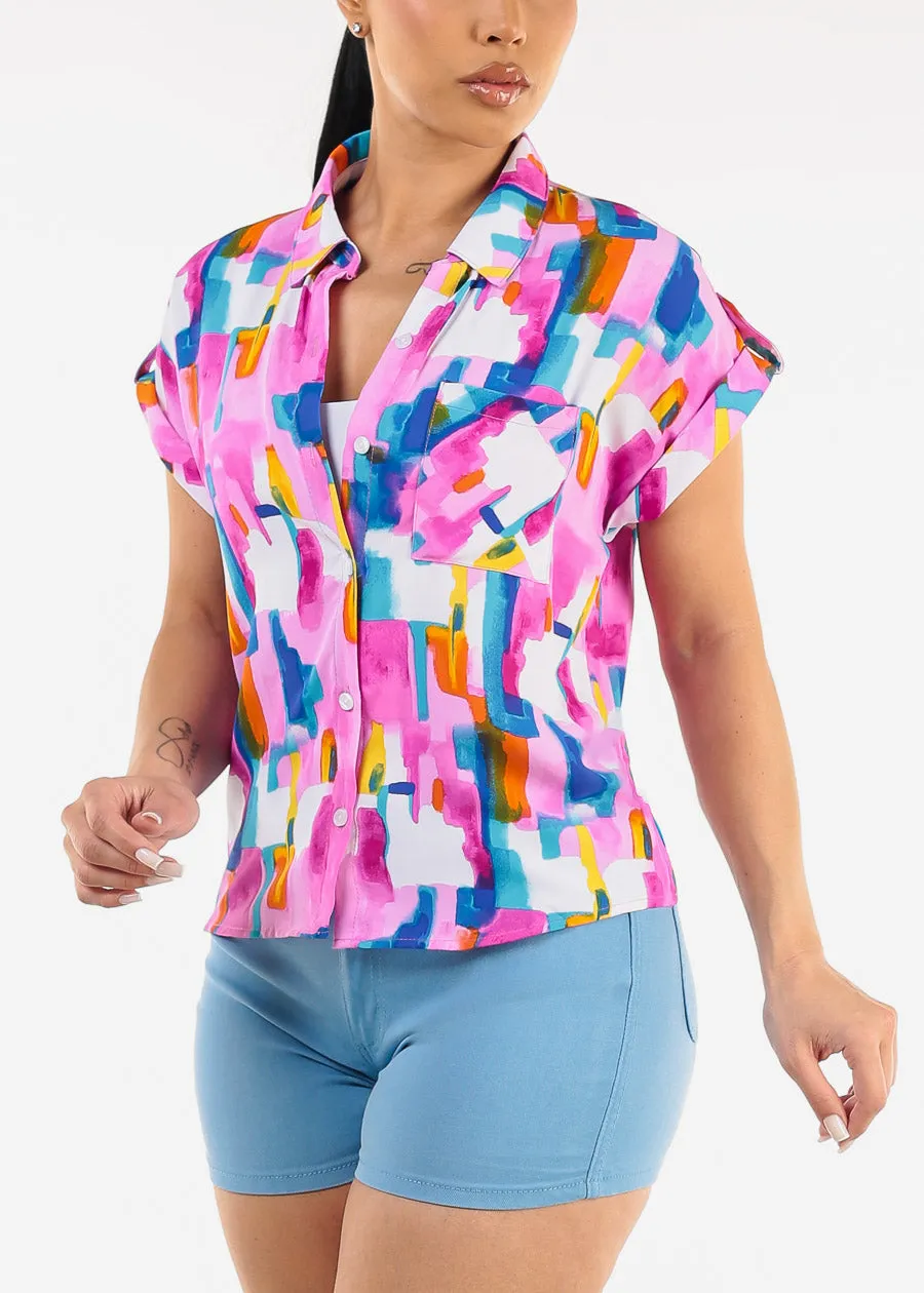 Short Sleeve Button Up Printed Collared Blouse Multicolor sold by Moda product image thumbnail 5