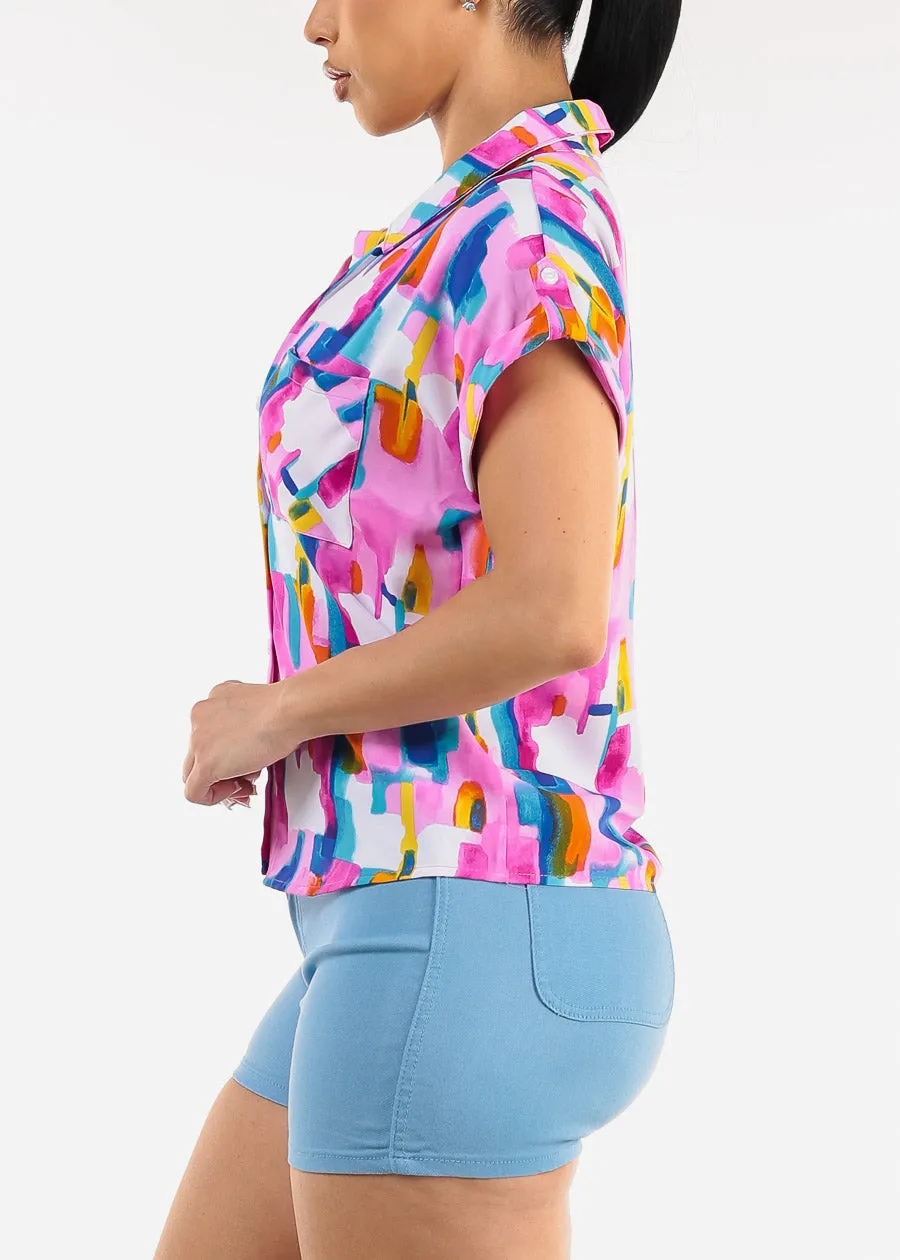 Short Sleeve Button Up Printed Collared Blouse Multicolor sold by Moda product image thumbnail 3