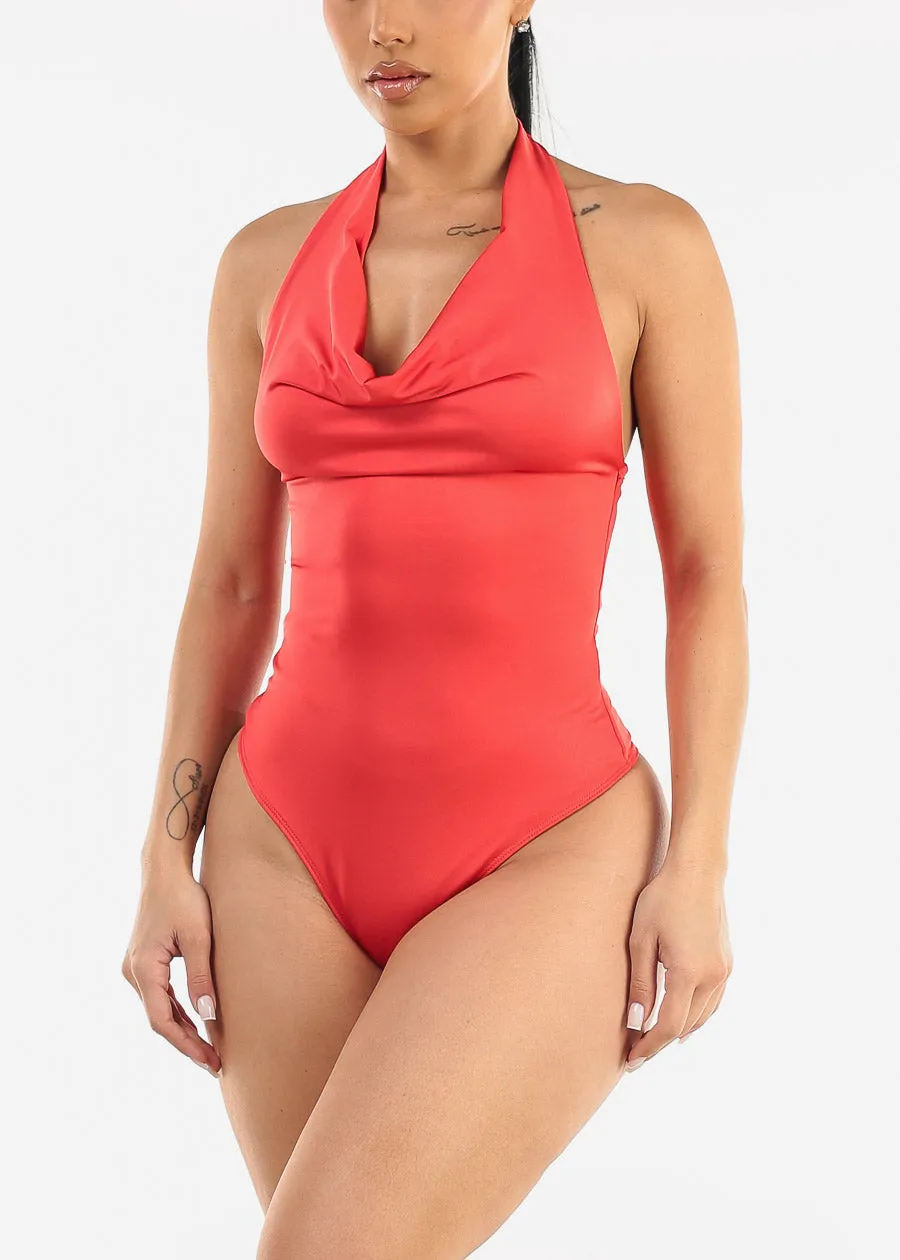Halter Open Back Cowl Neck Bodysuit Red Orange sold by Moda