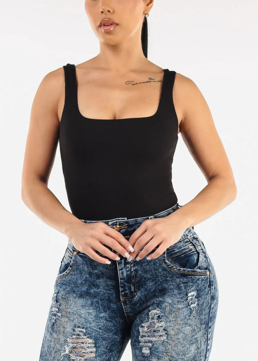 Black Wide Square Neck Ribbed Thong Bodysuit sold by Moda product image thumbnail 5