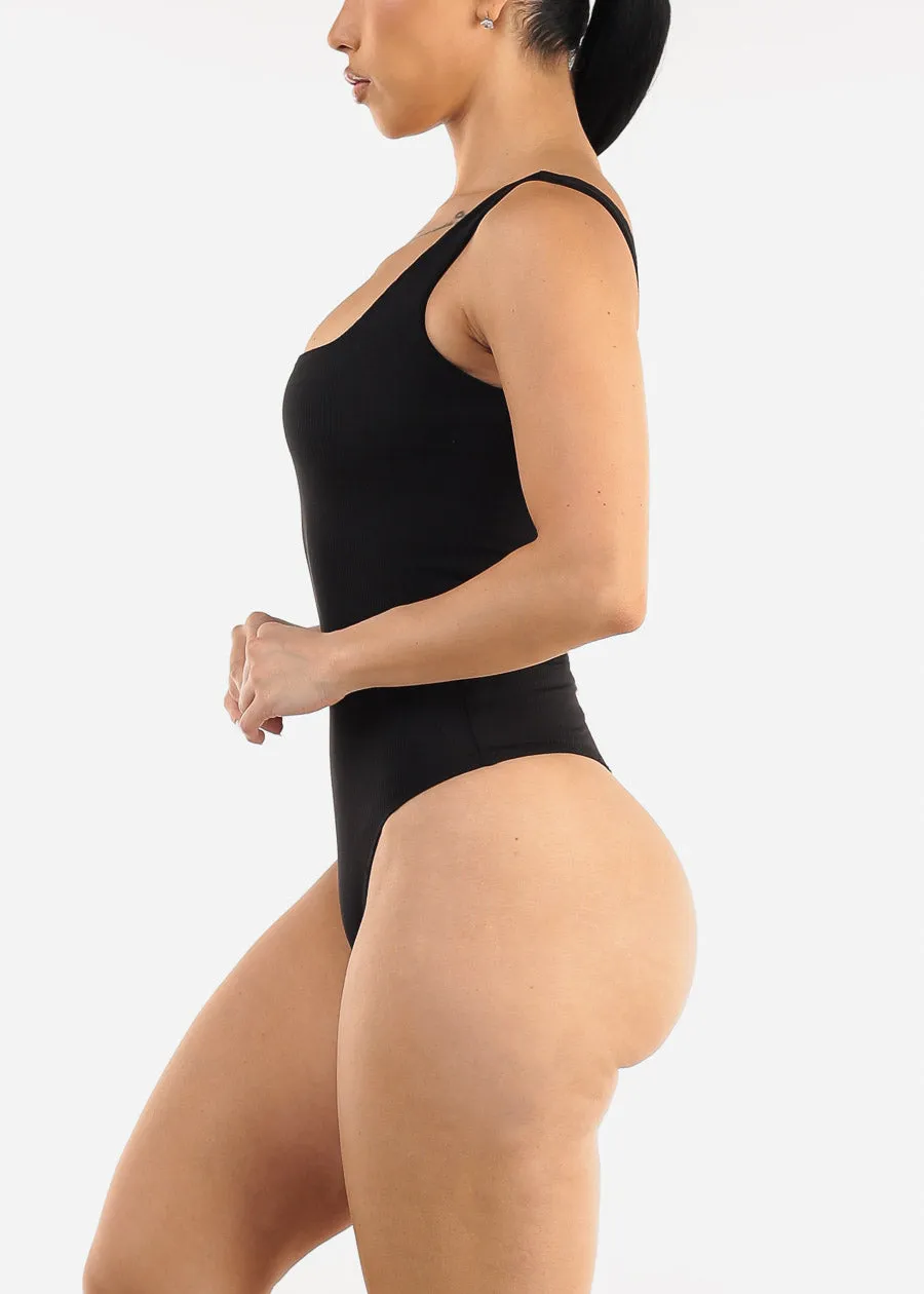 Black Wide Square Neck Ribbed Thong Bodysuit sold by Moda product image thumbnail 3
