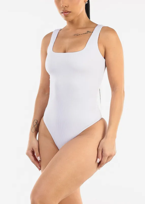 White Wide Square Neck Ribbed Thong Bodysuit sold by Moda