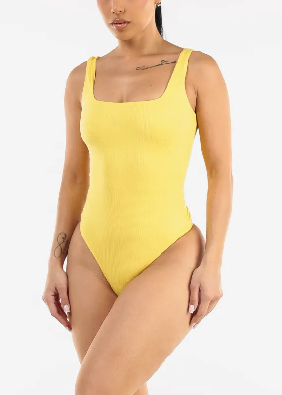 Wide Square Neck Ribbed Thong Bodysuit Yellow sold by Moda