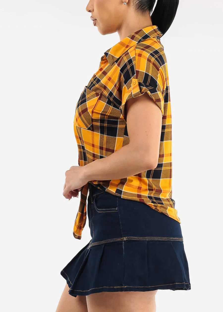 Short Sleeve Button Up Tie Front Plaid Top Mustard & Navy sold by Moda product image thumbnail 4