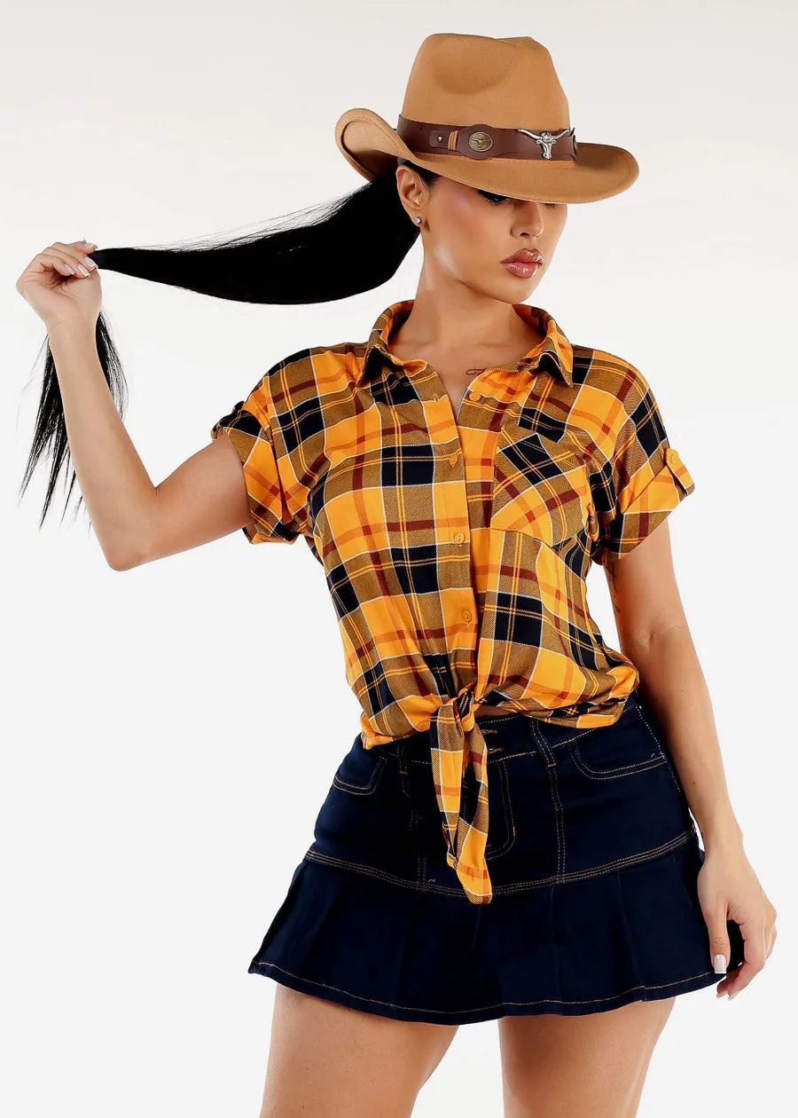 Short Sleeve Button Up Tie Front Plaid Top Mustard & Navy sold by Moda