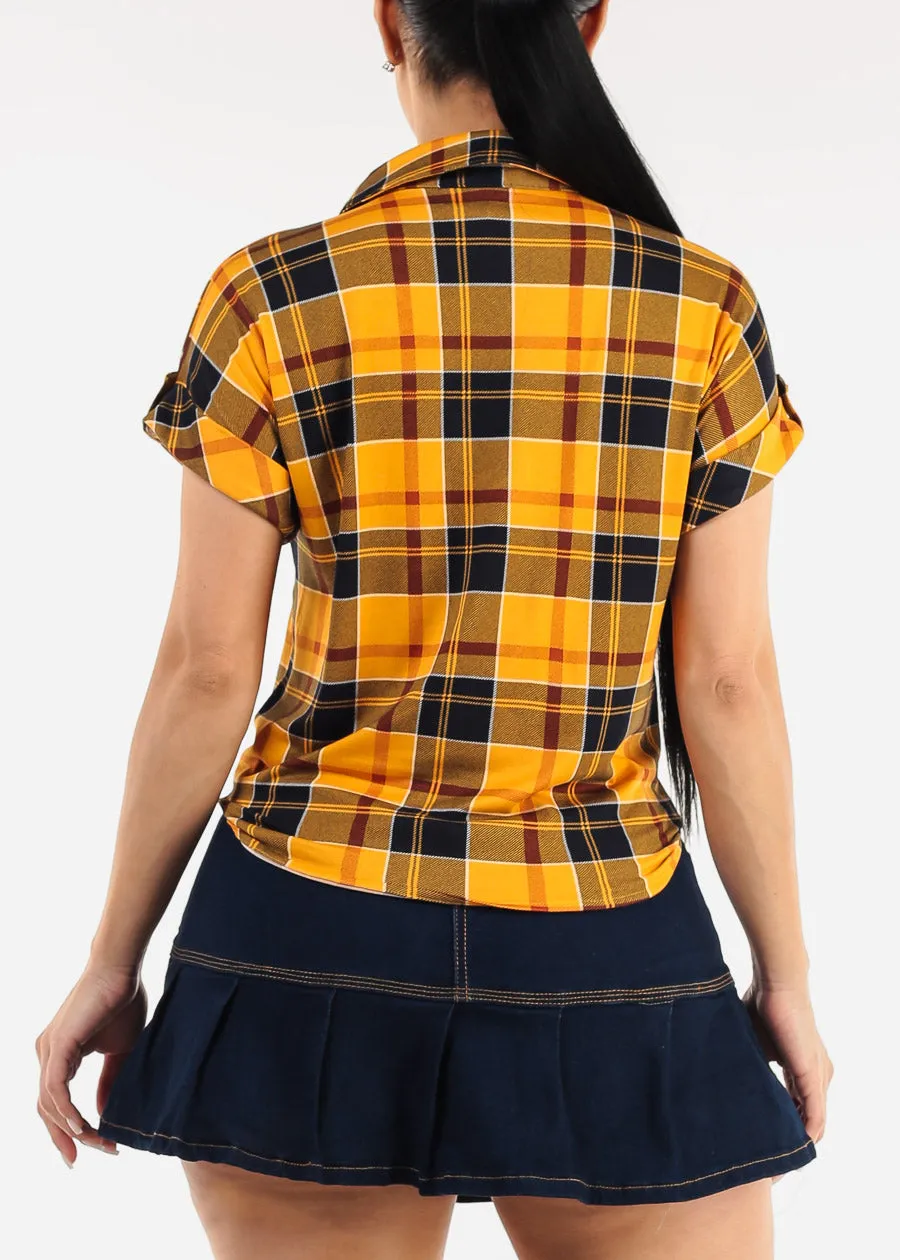 Short Sleeve Button Up Tie Front Plaid Top Mustard & Navy sold by Moda product image thumbnail 5