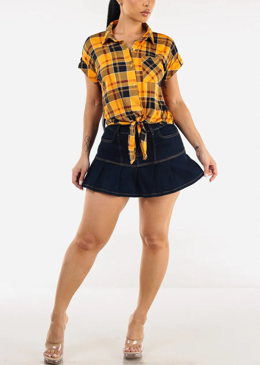Short Sleeve Button Up Tie Front Plaid Top Mustard & Navy sold by Moda product image thumbnail 2