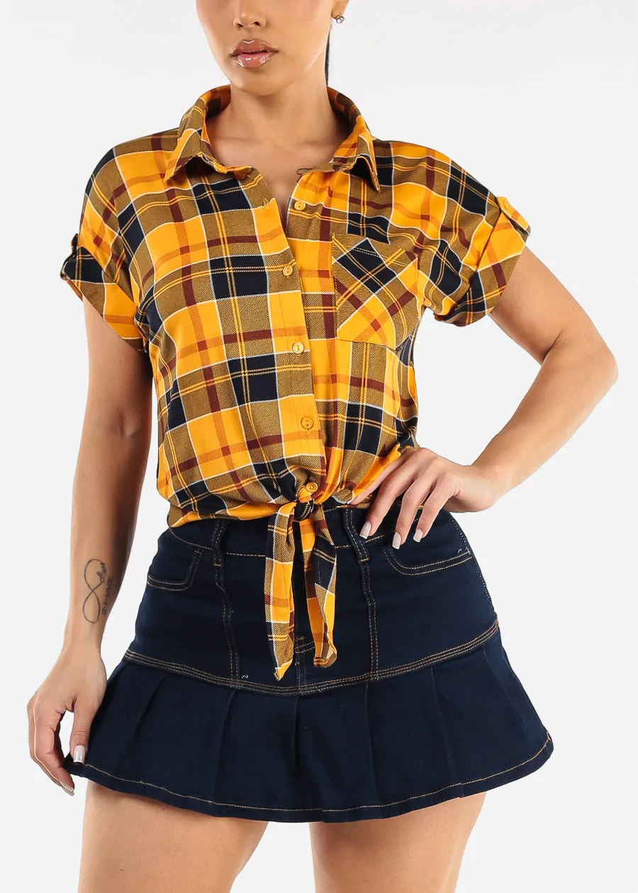 Short Sleeve Button Up Tie Front Plaid Top Mustard & Navy sold by Moda product image thumbnail 3
