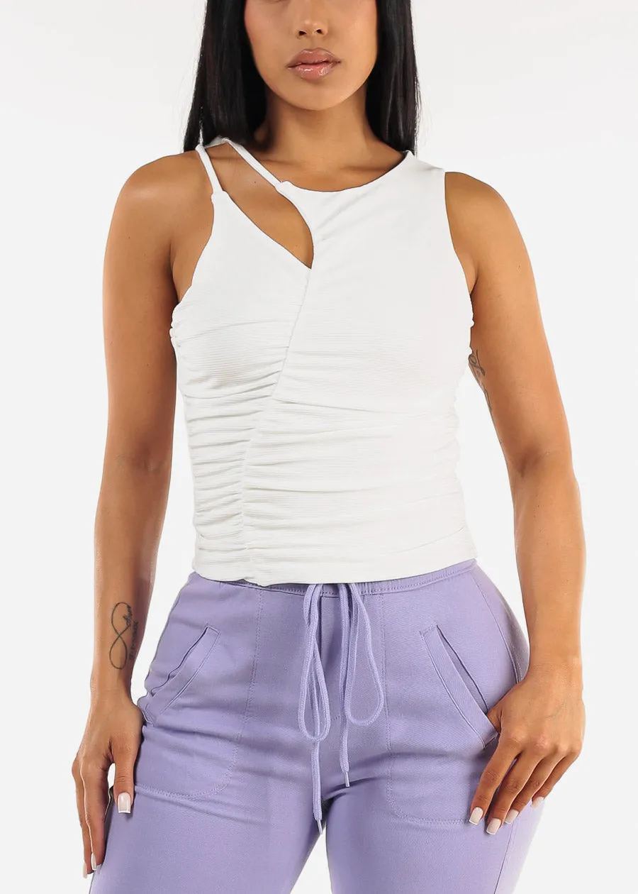 Sleeveless Asymmetrical Neckline Ruched Top White sold by Moda