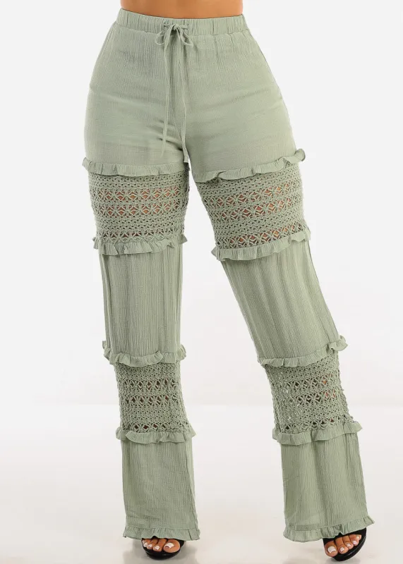 High Waist Wide Leg Lace Detailed Pants Light Olive sold by Moda