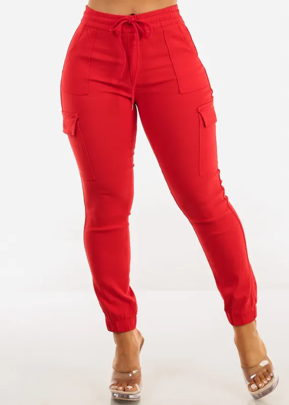 High Drawstring Waist Hyper Stretch Cargo Jogger Pants Red sold by Moda