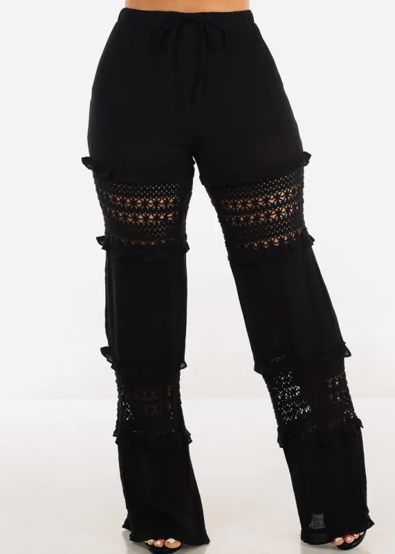 High Waist Wide Leg Lace Detailed Pants Black sold by Moda