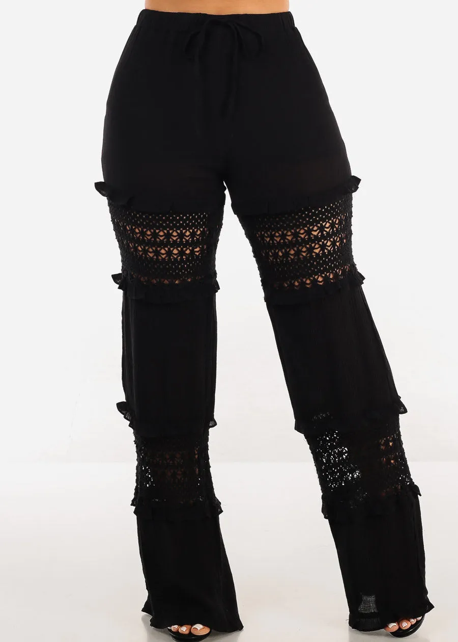 High Waist Wide Leg Lace Detailed Pants Black sold by Moda