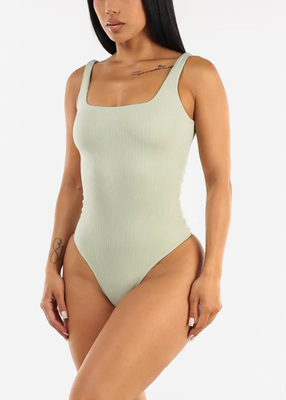 Wide Square Neck Ribbed Thong Bodysuit Light Sage sold by Moda