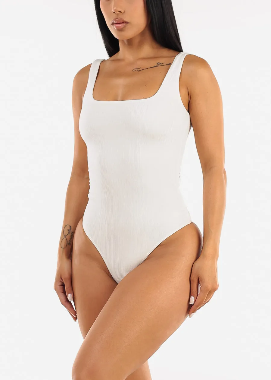Wide Square Neck Ribbed Thong Bodysuit Cream sold by Moda