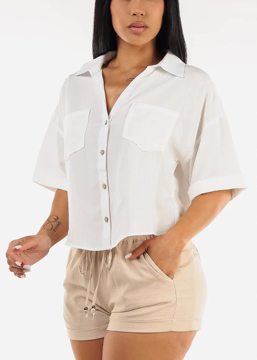 Short Sleeve Button Up Woven Shirt White sold by Moda