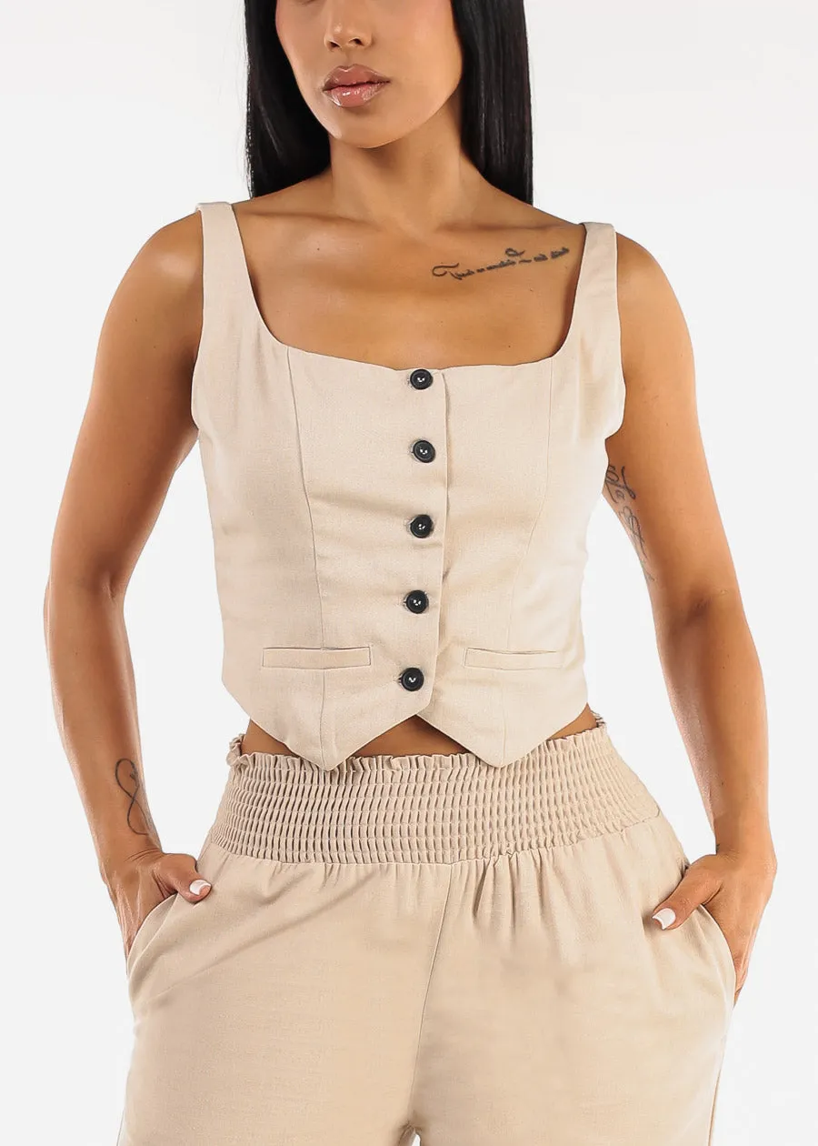 Sleeveless Button Up Linen Crop Top Khaki sold by Moda product image thumbnail 4