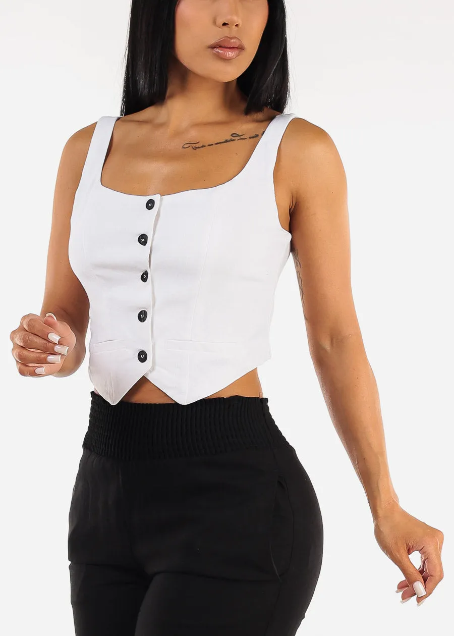Sleeveless Button Up Linen Crop Top White sold by Moda