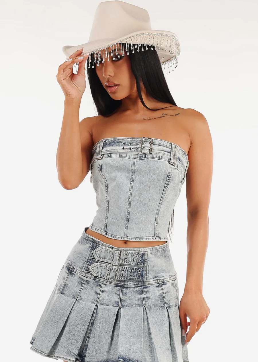Stretch Strapless Denim Crop Top Acid Wash sold by Moda