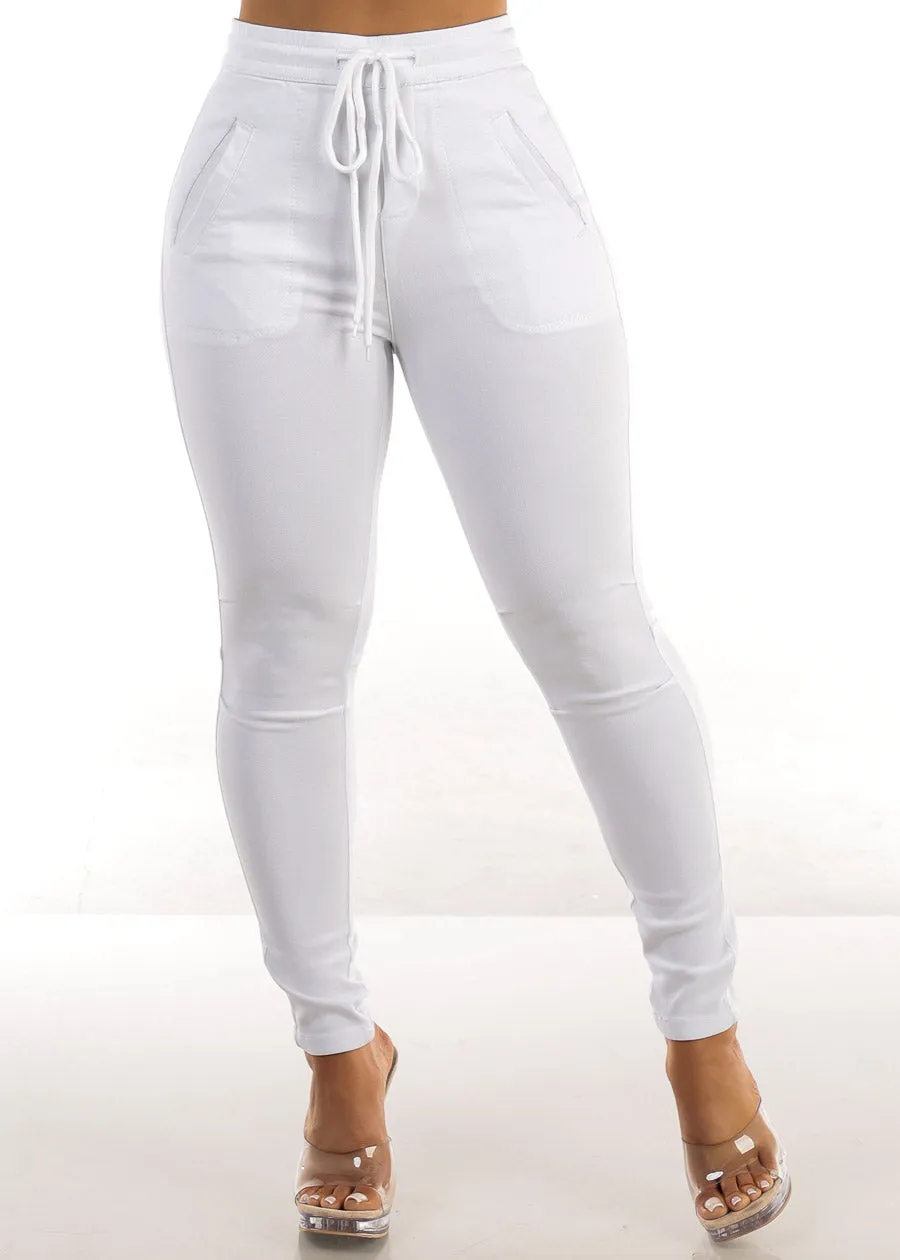 Drawstring Waist Stretch Skinny Pants White sold by Moda