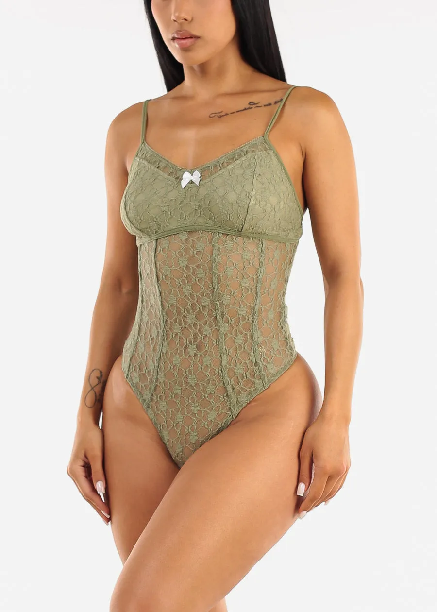 Sleeveless Floral Lace Thong Bodysuit Sage sold by Moda