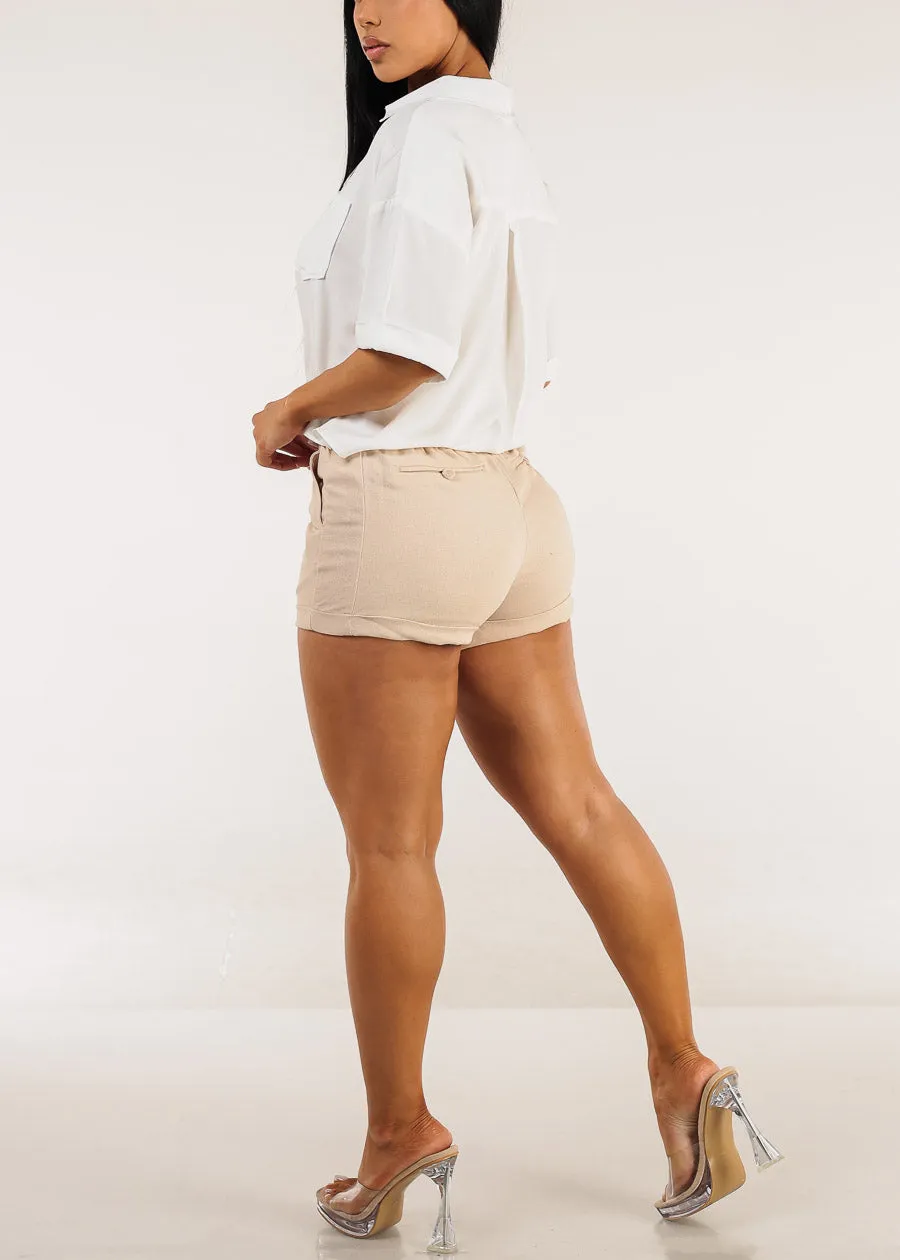 High Drawstring Waist Cuffed Linen Shorts Khaki sold by Moda product image thumbnail 5