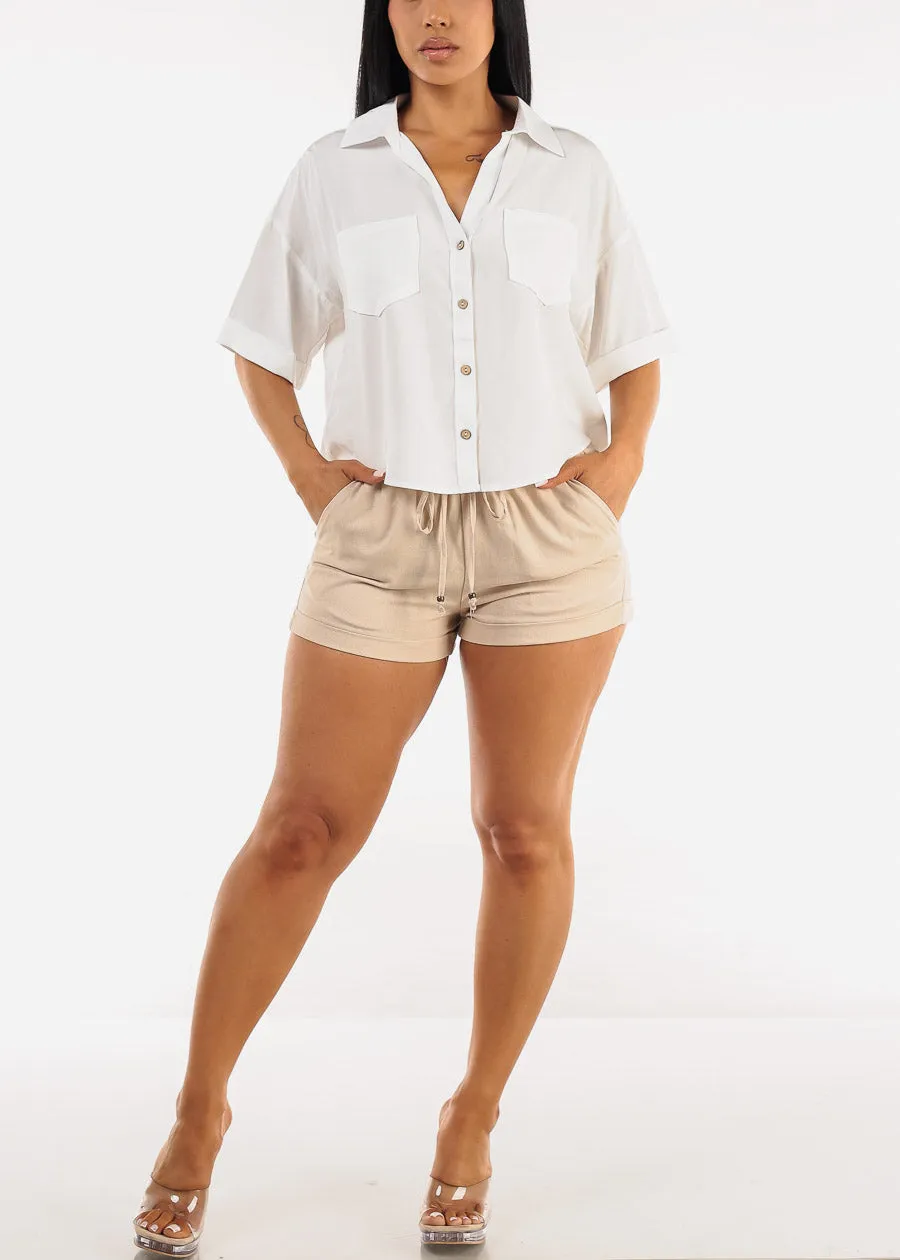 High Drawstring Waist Cuffed Linen Shorts Khaki sold by Moda product image thumbnail 2