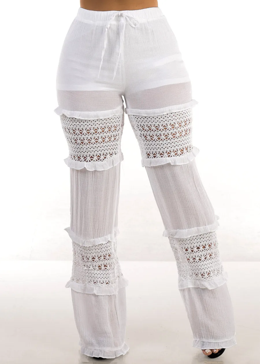 High Waist Wide Leg Lace Detailed Pants White sold by Moda
