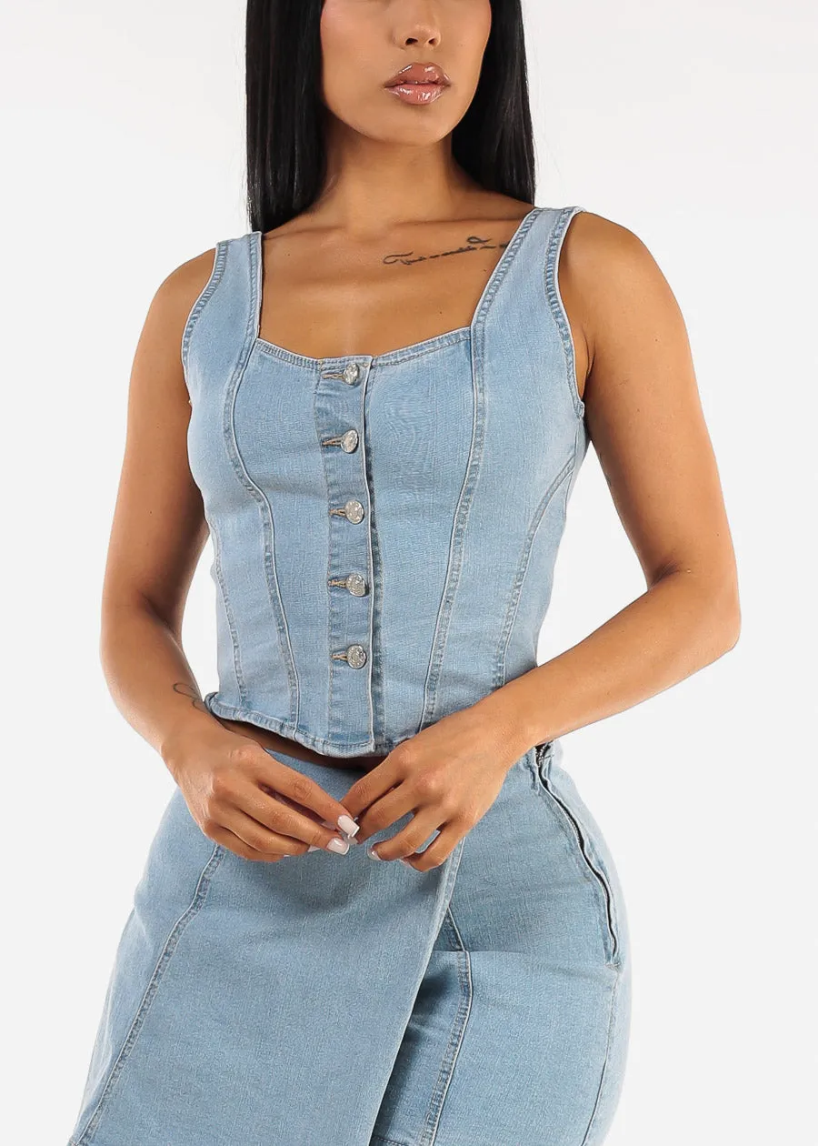 Sleeveless Button Up Stretchy Denim Top sold by Moda