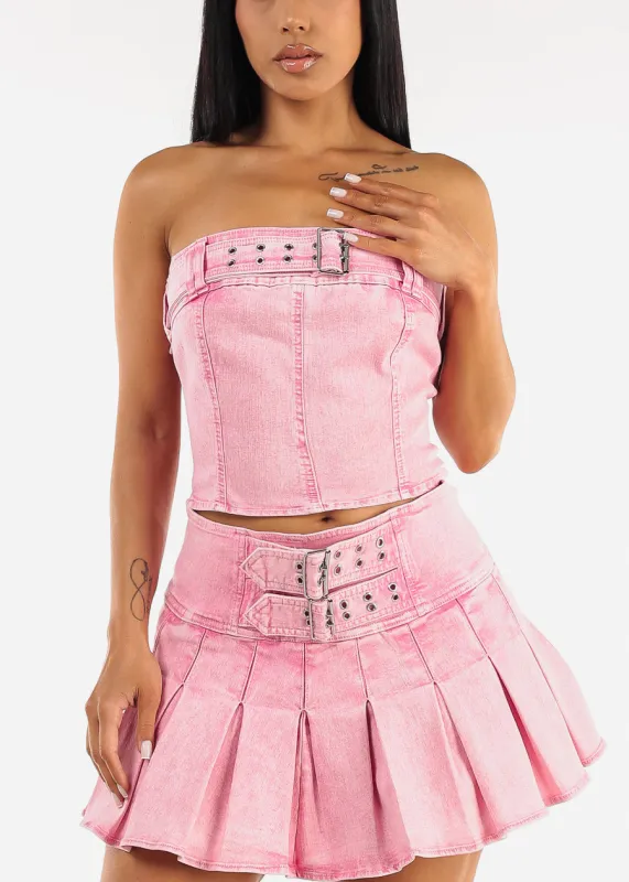 Stretch Strapless Denim Crop Top Acid Wash Pink sold by Moda