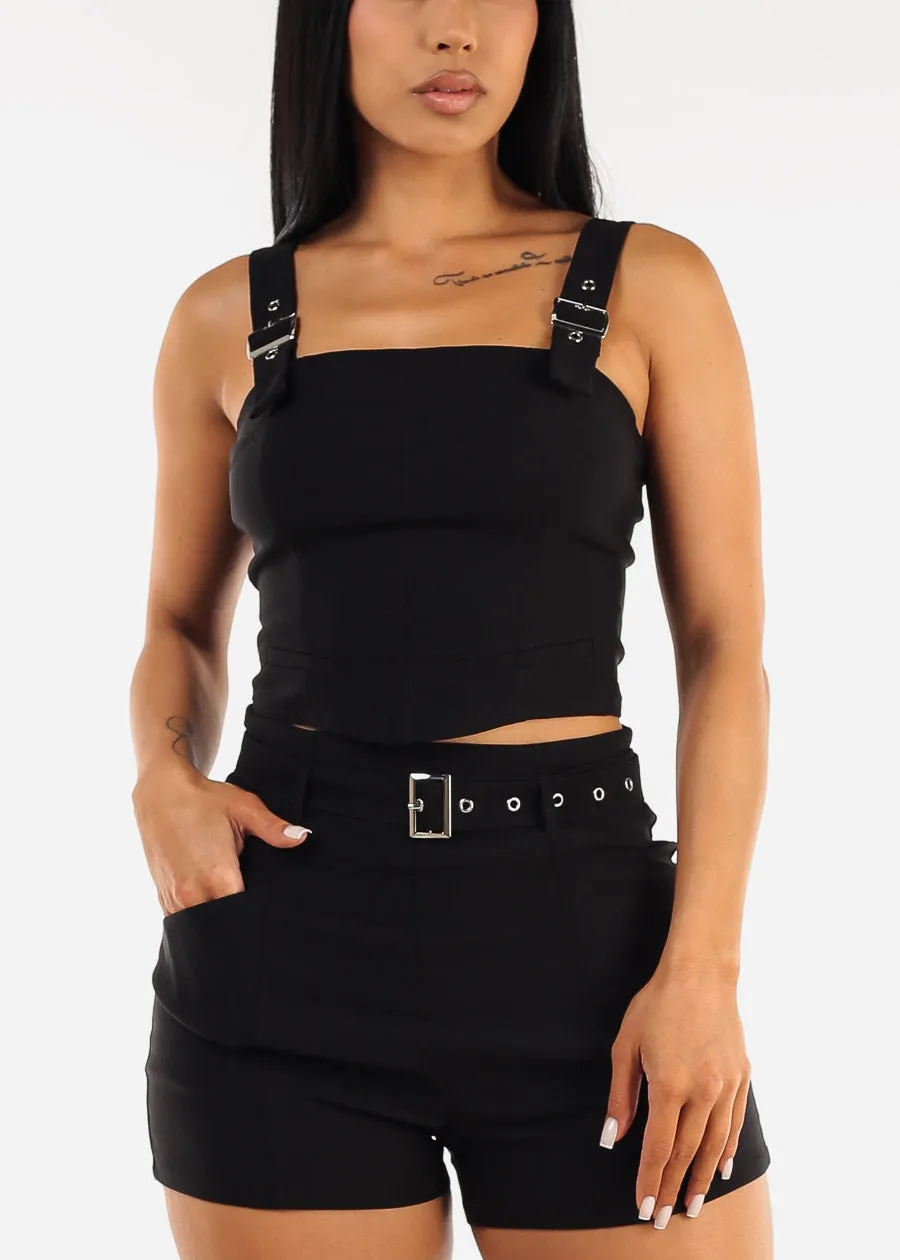 Black Crop Top with Buckle Straps sold by Moda